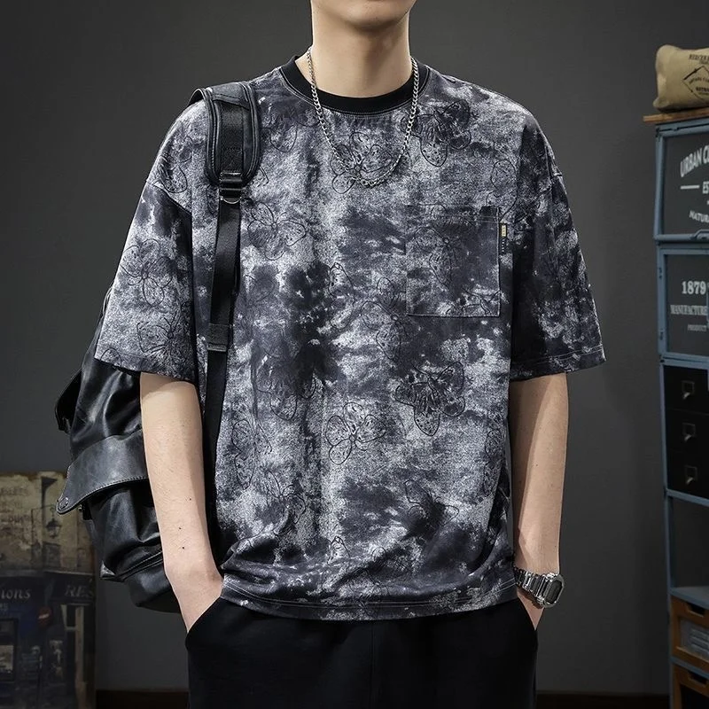 Loose Fit Ice Silk Men's T-irt ort Sve Dyed Tie Dye Five-Quarter Sve Casual Sle round Ne Youth Faion Summer Top