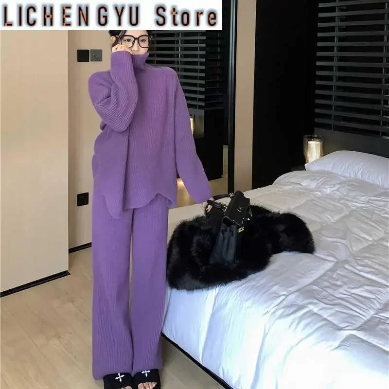 Purple Turtleneck Knitted Suit Women Thickened Fashion High-grade Sweater Wide Leg Pants Two-piece Set of Tide