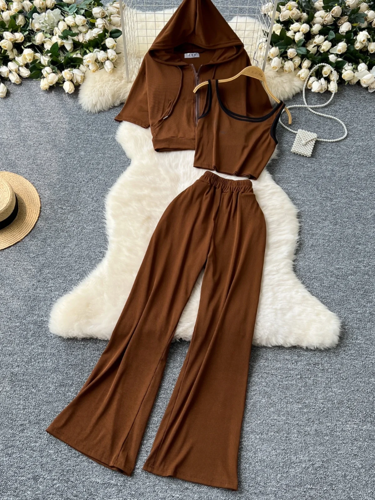 

Summer Casual Sportswear Set Women's Innerwear Letter Print ter Top Hoodie ort Sve High Waist Wide Leg Pants