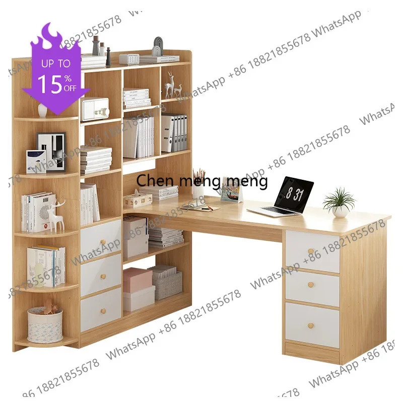01A Modern Simple Home Office Desk with Corner Drawers and Bookshelf Made of Wood Panel for Students
