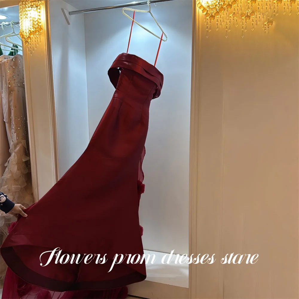 

Flowers Burgundy 프롬 드레 Off the Shoulder Short Sleeve Prom Gown A Line Party Dresses for Formal Event 3D Floral Customized