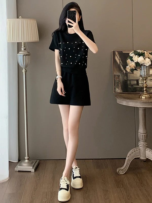 

Casual Sportswear Set for Women Summer Slimming Black Short Sleeve T-Shirt And Shorts Two-Piece Suit Cotton round Neck