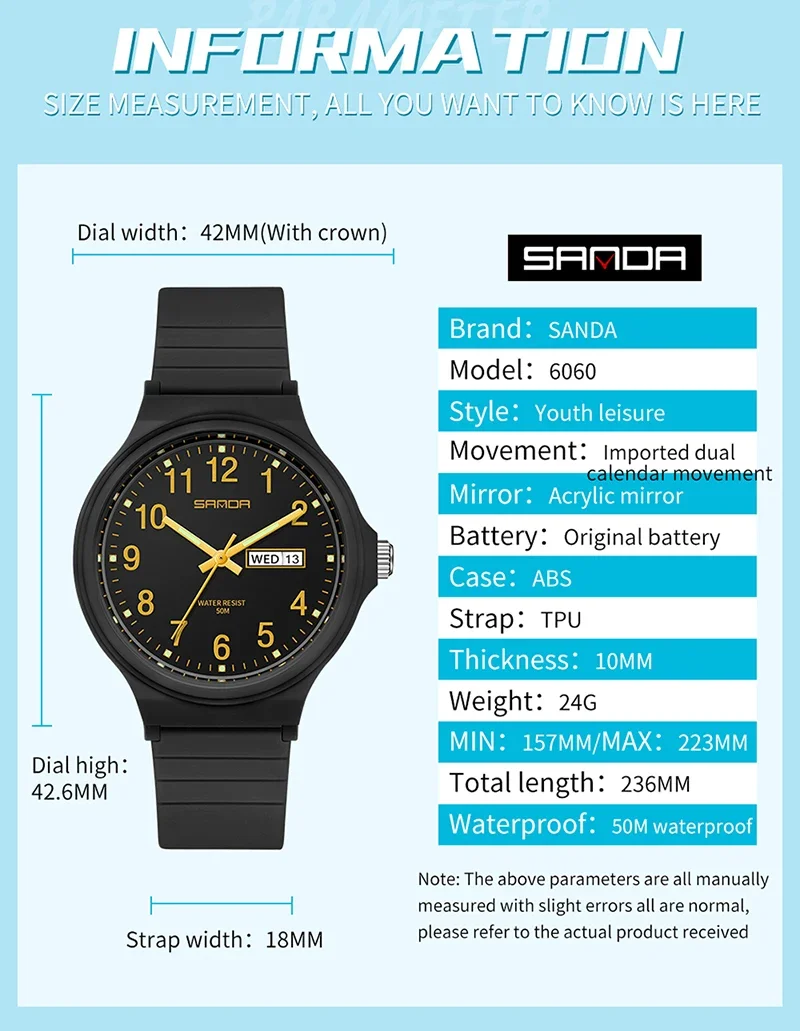 Sanda 6060 nowy podwójny kalendarz elektroniczny zegarek kwarcowy na zewnątrz wodoodporny wypoczynek kreatywny męski i żeński zegarek studencki