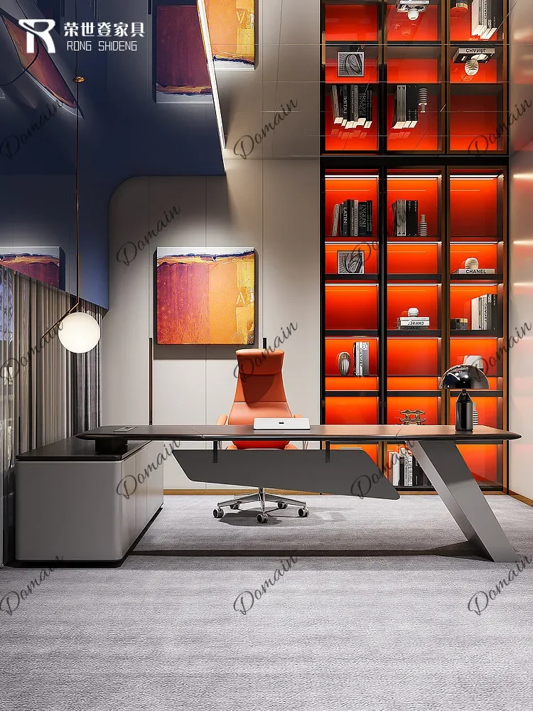 UY Modern Luxury Executive Desk with Real Wood Veneer, Irregular Shape High Gloss Lacquer Office Desk for Boss H