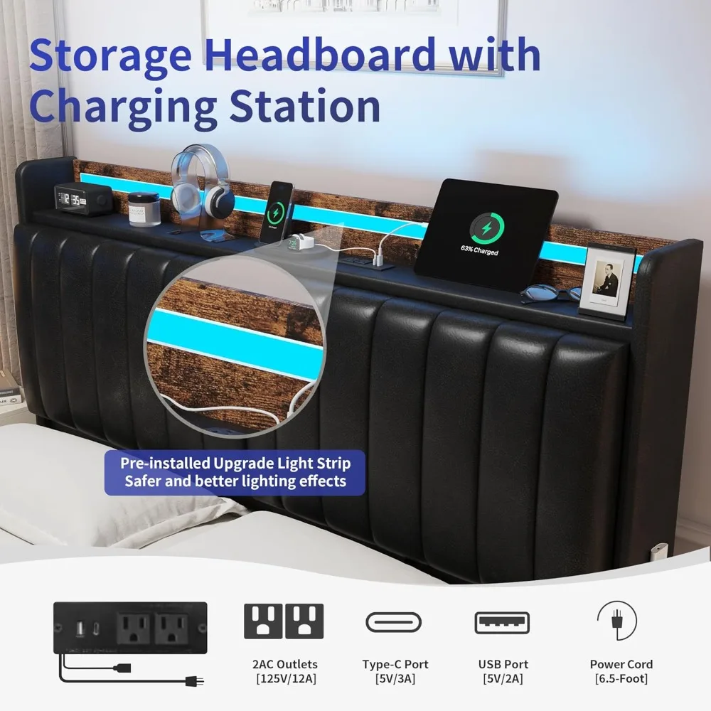 إطار سرير كوين بمسند ظهر قابل للتعديل مع مساحة تخزين مخفية ومنفروشات جلدية من البولي يوريثان، يتضمن محطة شحن