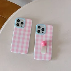 Korean INS Pink Checker Matte Double Layers Ring Strap Phone Case for iPhone 16 15 14 13 Pro Max Back Cover for 12 Pro Funda