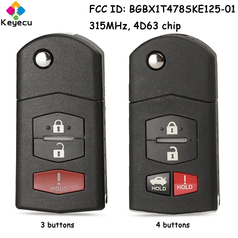 

KEYECU Flip Remote Car Key With 3 4 Buttons 315MHz 4D63 Chip for Mazda 3 5 6 CX-7 CX-9 MX-5 Miata Fob FCC ID: BGBX1T478SKE125-01