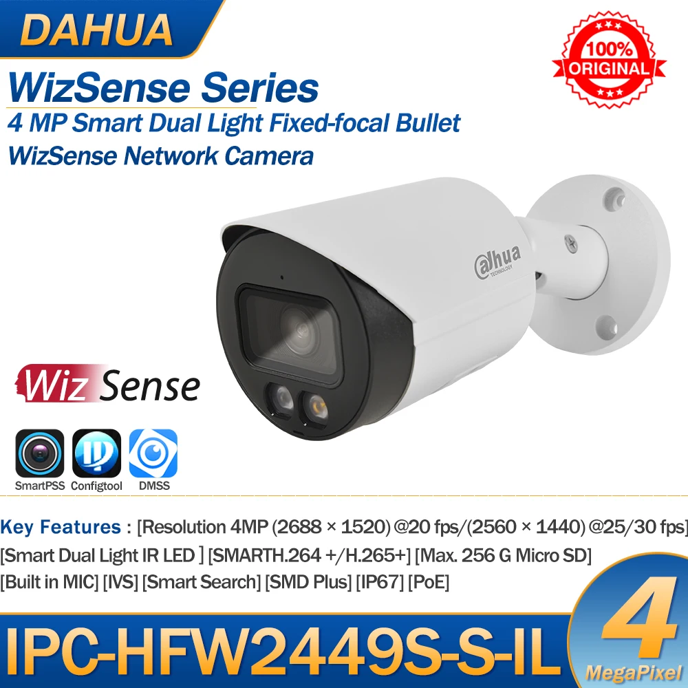 Dahua IP Camera 4MP IPC-HFW2449S-S-IL POE Smart Dual Light Warm light/IR LED SD Card Slot Build in MIC WizSense Color Bullet