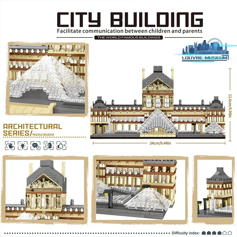 3377PCS Louvre Museum Building Blocks Architecture Model Desktop Decoration Gift for Adults Teens