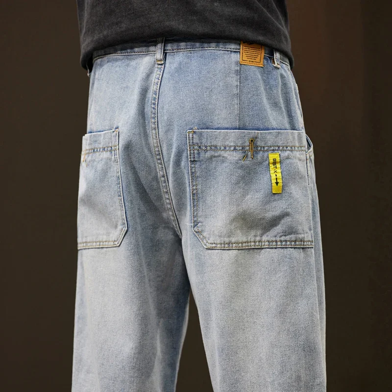 

Baggy Pants Men Jeans Loose Fit Wide Leg Straight Cut Fashion Pockets Light Blue Streetwear Male Trousers Casual