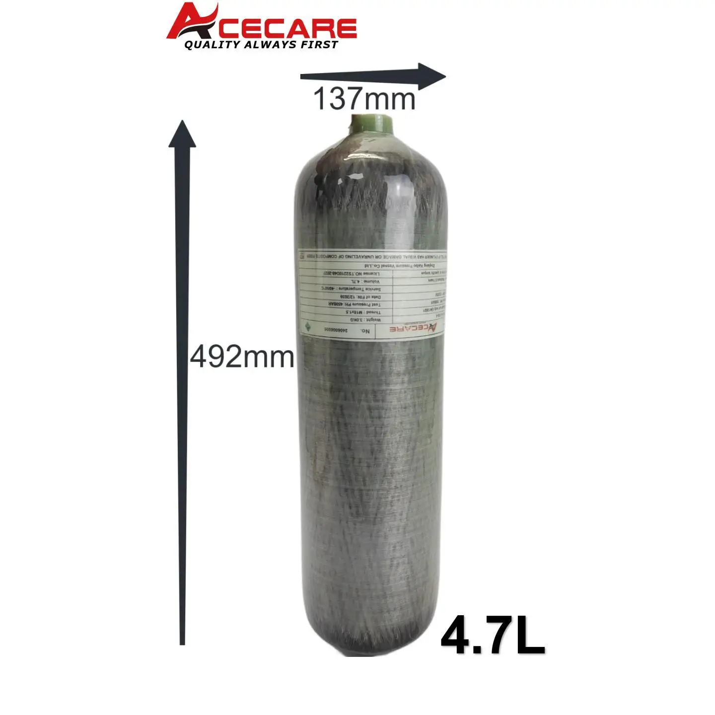 ACECARE 4500Psi 300Bar 4.7L Cylinder z włókna węglowego wysokociśnieniowy zbiornik powietrza HPA Cylinder do nurkowania gwint M18*1.5