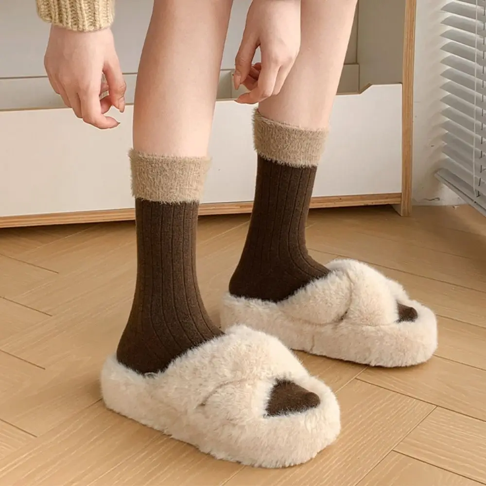 5Pairs Y2K Furry Lolita Socks Stripe Plush Edge Plush Fleece Socks Thicken Japanese Style Mid-Calf Tube Sock Spicy Girls