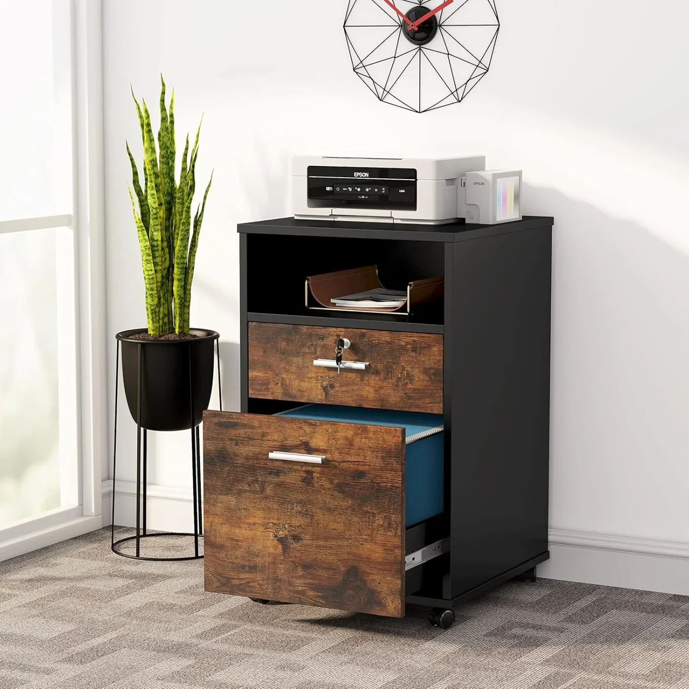 Mobile File Cabinet with Lock, Modern Printer Stand with Rolling Wheels Open Storage Shelf for Home Office (Brown)