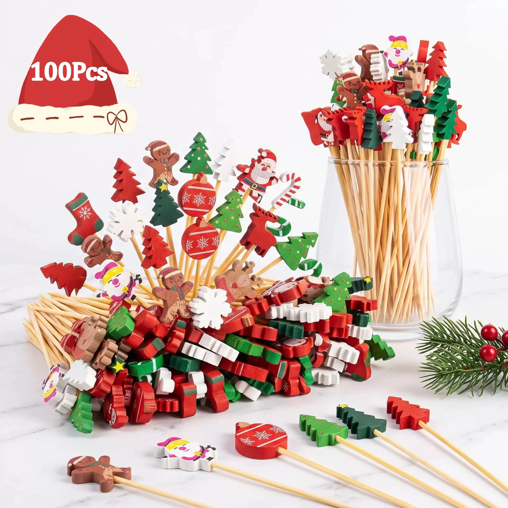 100Pcs Christmas Cocktail Picks, Christmas Toothpicks for Appetizers, Fruit, Desserts, Food, and Sandwiches, Charcuterie Skewers