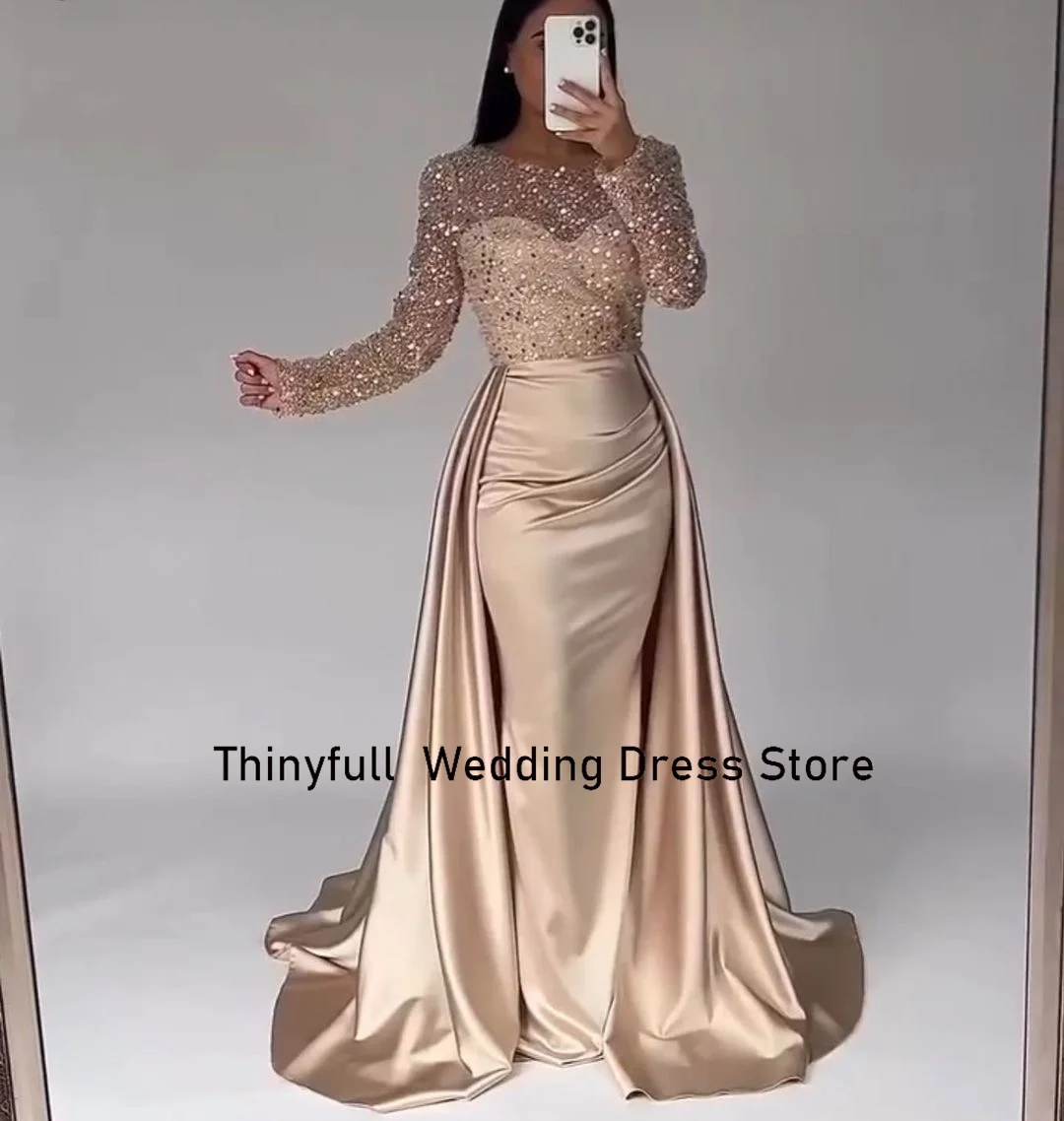 Thinyfull Mermaid Saudi Arabic O-neck Evening Prom Gown Satin Glitter Long Sleeve Prom Dress Formal Event Gown فساتين السهرة