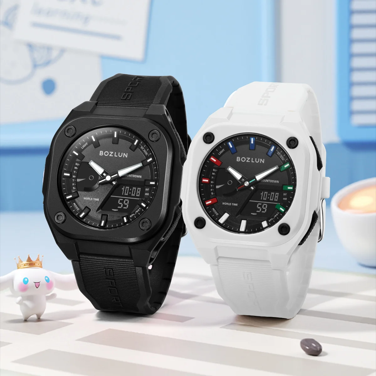 BOZLUN 5 إنذار ساعات حركة كوارتز للرجال والنساء ضوء النهار توفير الوقت ساعة اليد موضة العد التنازلي EL ضوء ساعة مقاومة للماء