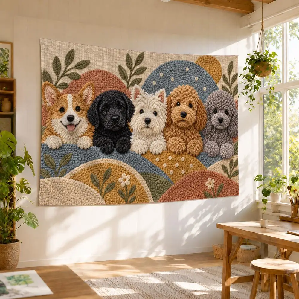 Adorable Non-real Dog Tapestry Durable Soft Microfiber Horizontal Wall Hanging Decor For Bedroom Patio Garden Parties