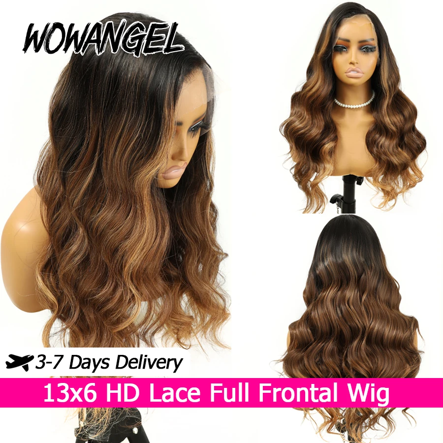 

WOWANGEL Body Wave Ombre Blonde Wig 100% Human Hair 13x6 HD Lace Full Frontal Wig Pre Plucked 3 Tones Color Wigs For Black Women