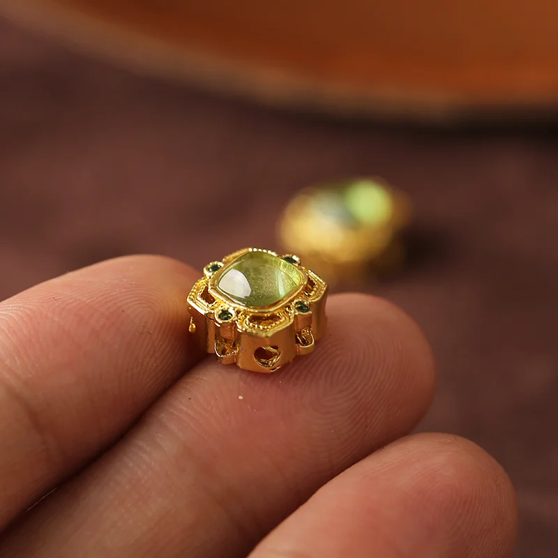 قطعتان من سحر خرز فاصل مجوف من العقيق الأخضر على شكل ألماس - إكسسوارات مجوهرات مطلية بالذهب