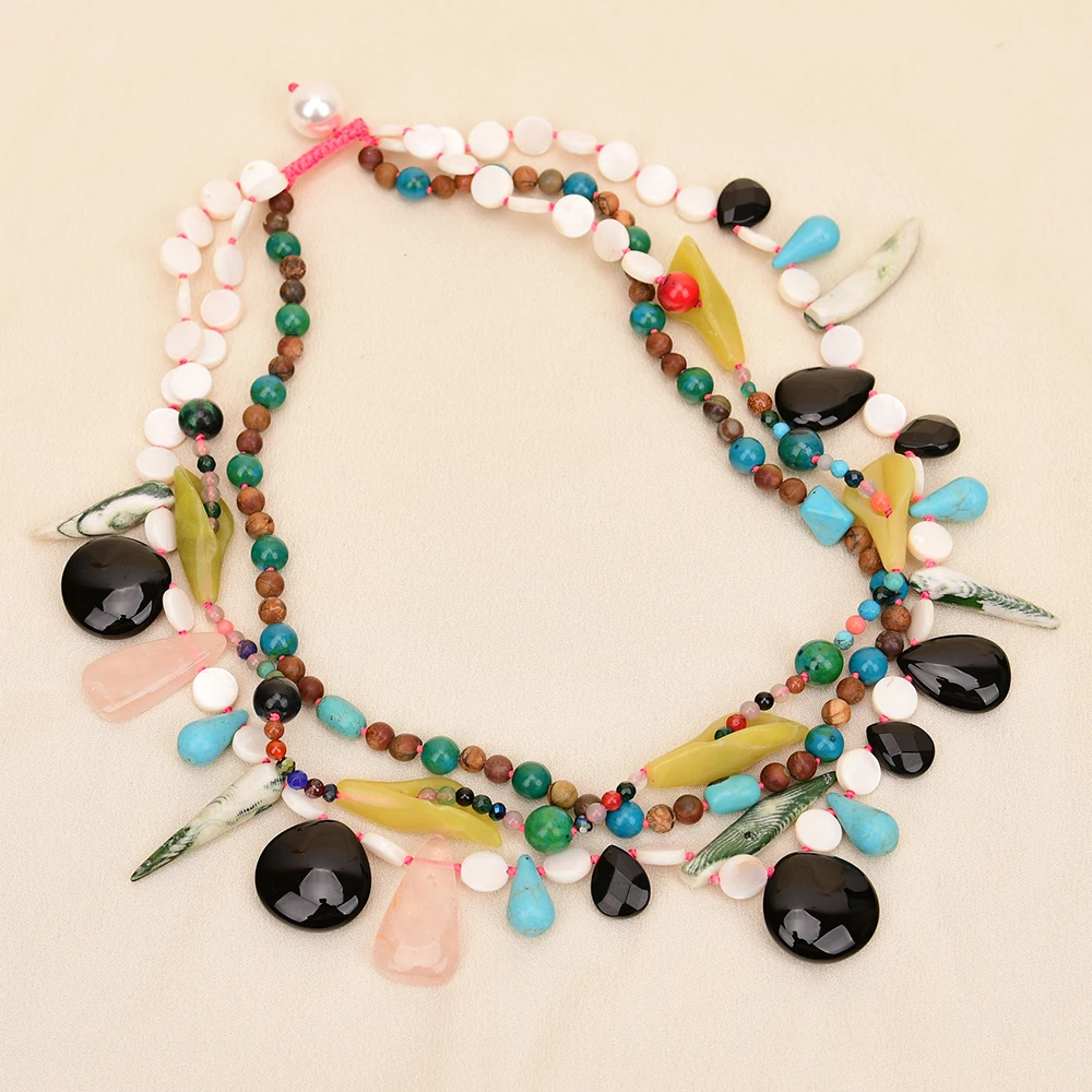 APDGG A12 Handmade 3 Rows Natural Mix Stone Shell Jade Jasper Onyx Multi Strands Necklace
