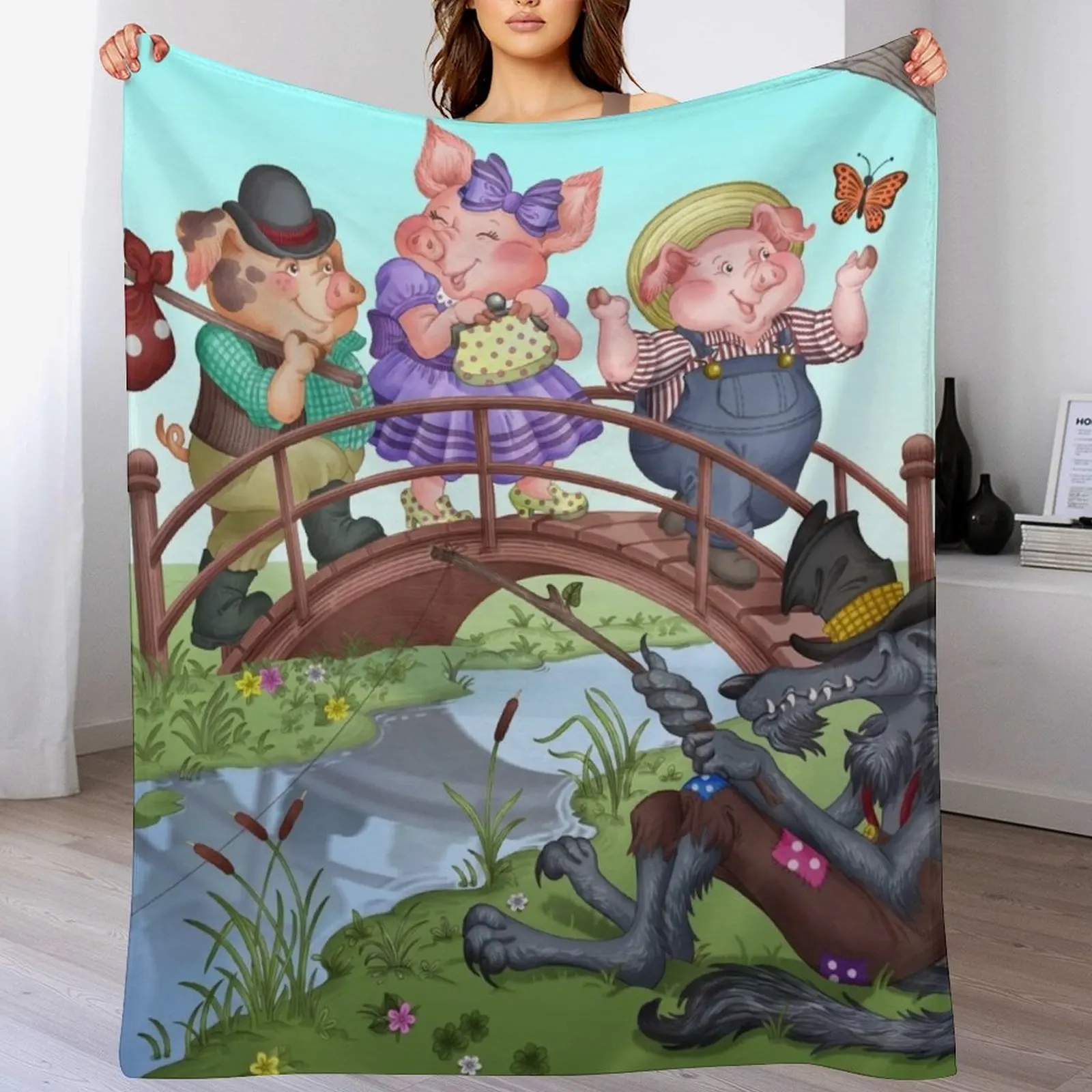 Three Little Pigs Throw Blanket Multi Purpose Soft Warm Blanket for Home Travel