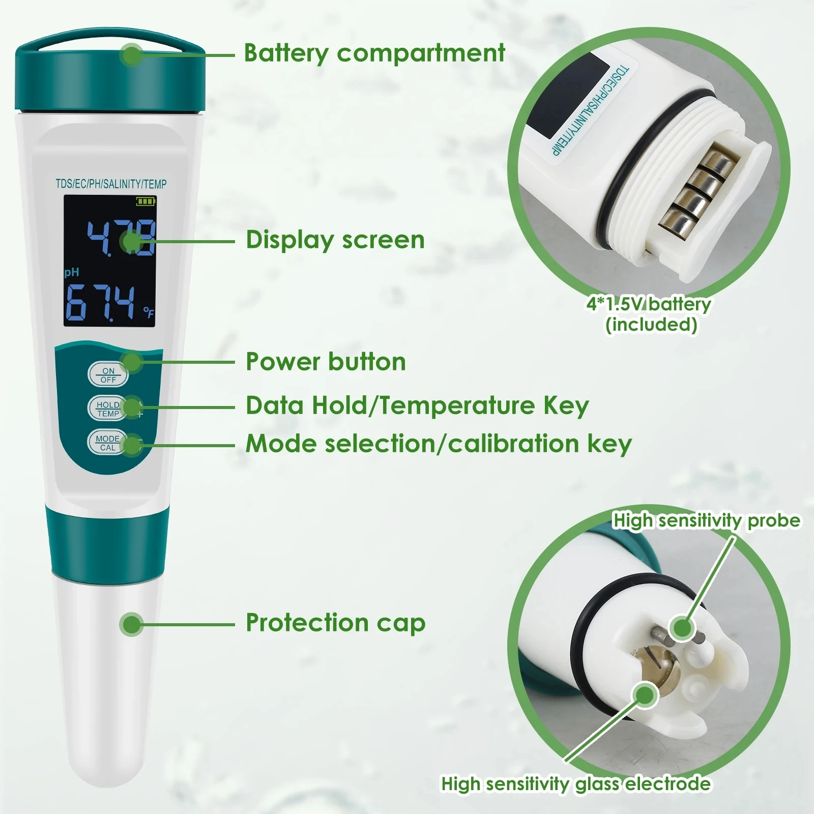 

2026 Veinasa Factory-Owned Patent Multifunctional 5-in-1 Water Quality Meter TDS/EC/PH/Temp 0.05pH Accuracy for Drinking Water