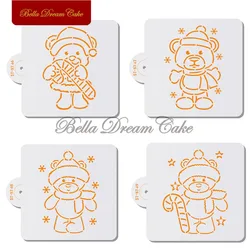 4pcs Christmas Cartoon Bear Cookies Stencil DIY Fondant Biscuit Mold PET Chocolate Coffee Template Cake Decorating Tool Bakeware