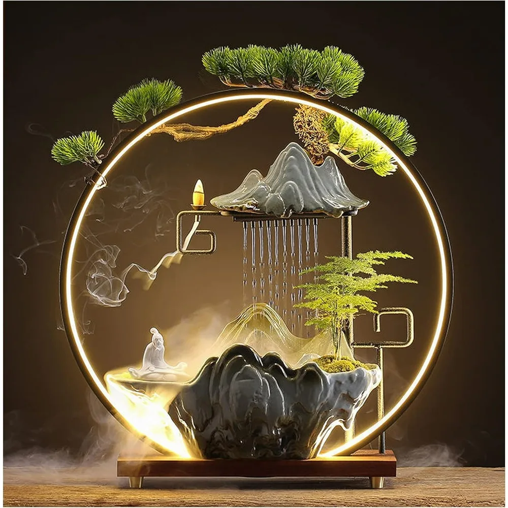 

Elder Tabletop Indoor Water Fountains Waterfall with LED Light Zen Decor for Meditation with Mist Japanese Decor with Fake Plant