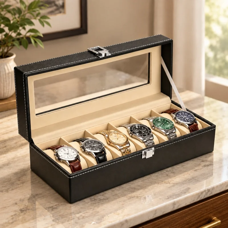 Men's PU Leather Watch Display Case with Glass Lid, Multi-Slot Organizer and Stand for Storage and Gift Giving