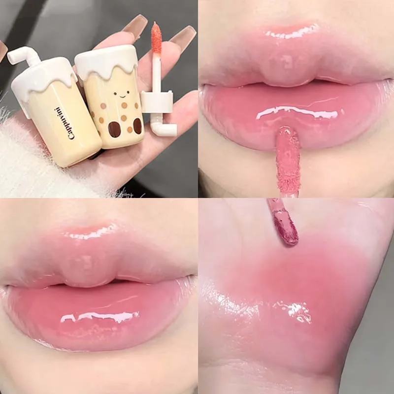 لطيف كوب شاي بالحليب على شكل ضوء الماء الوردي ملمع الشفاه طويلة الأمد غير يتلاشى مرآة عصير صبغ الشفاه تينت للنساء ماكياج الكورية #1