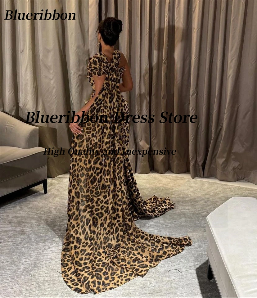 Blueribbon Leopard Print Sexy Prom Dresses 2024 Off Shoulder Flutters Evening Gowns Long Maid of Honor Wedding Party Dress