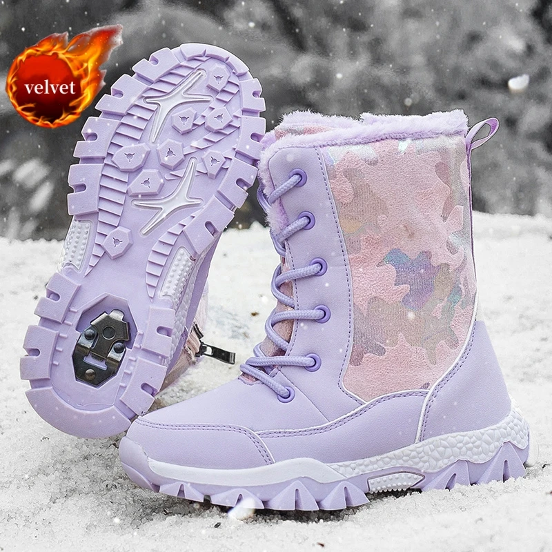 

Winter Plush Girl's Snow Boots Non-slip Claw Children's Hiking Boots Fashion Purple Warm Fur Cotton Shoes Kids High Top Sneakers