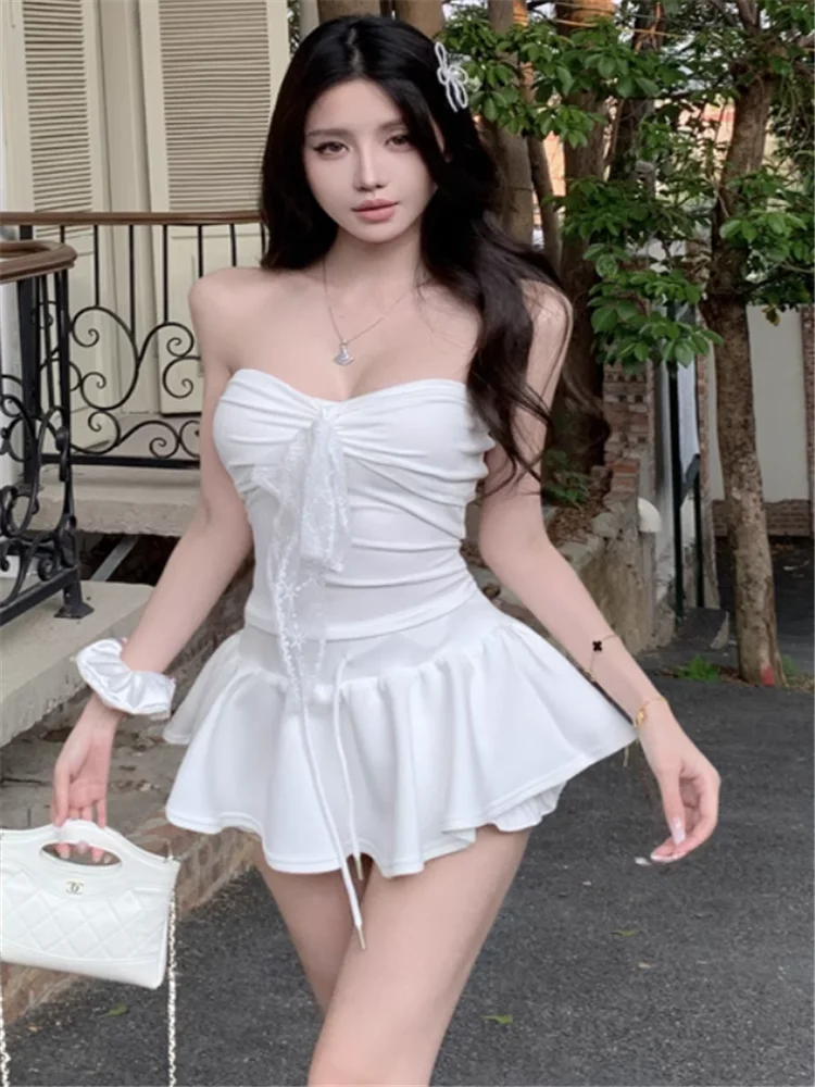 

Small Girl Summer Fashion White Two Pieces Sets Strapless Lace Bow Short Vest Top&Mini Skirt Hotsweet 2 Pieces Matching Suits