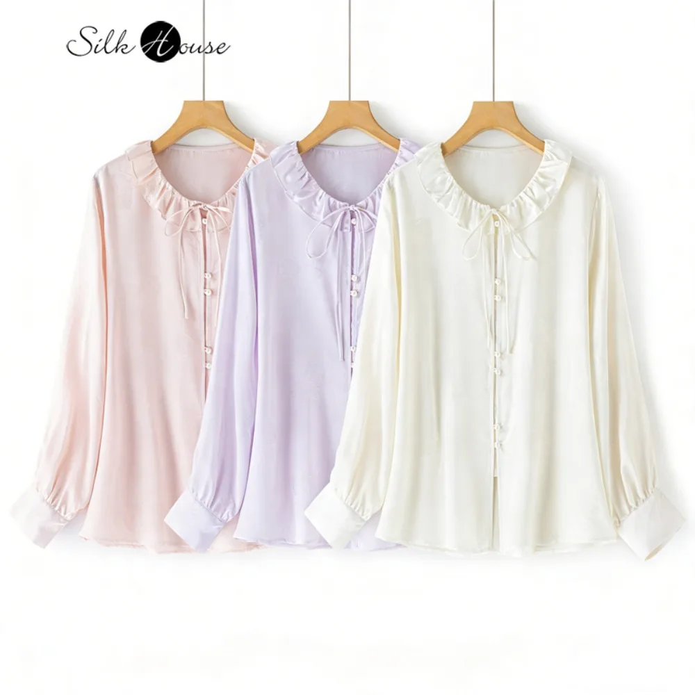 

Women's Spring Clothing French Sweet Style Doll Neck 100% Natural Mulberry Silk Jacquard Satin Lace Long Sleeve Ruffle Loose Top