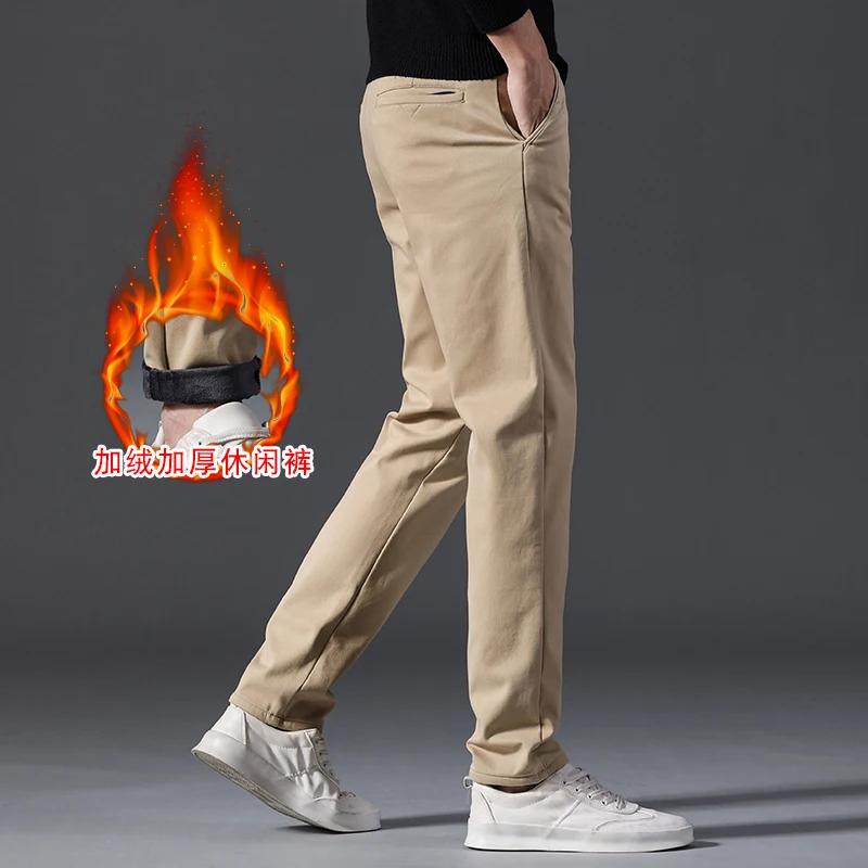 Calça casual grossa estilo clássico masculina, calça quente, tamanho grande, moda empresarial, regular, marca masculina, cáqui, azul, cinza, preta,