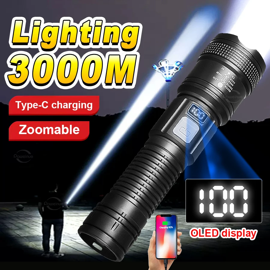 New ABS Ultra Powerful Flashlight 3000m Torch Light USB Rechargeable Flashlights Waterproof Zoom Tactical for Camping Exploring