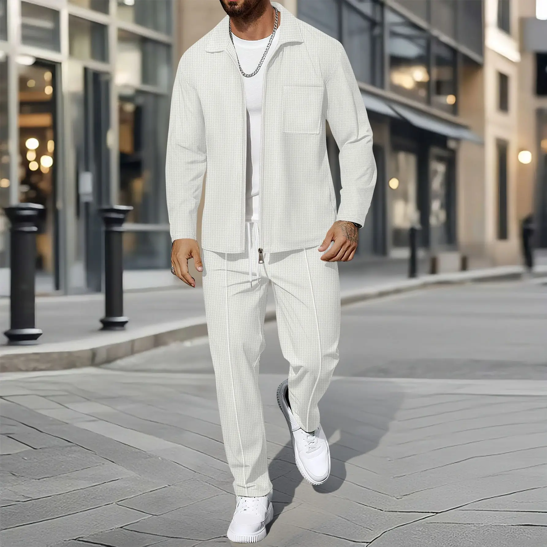 Men's Sporty Casual Zip-Up Long-Sleeve Coat Set Spring Autumn Fashionable Street-Style Waffle Fabric Two-Piece Set