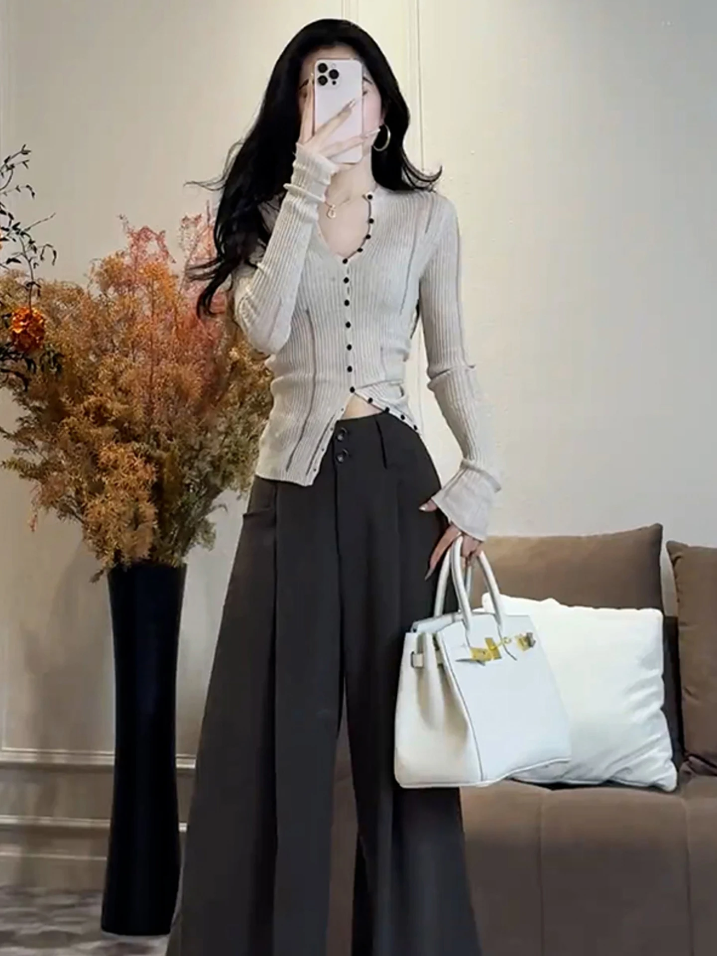 

Ele Knitted Open Cardigan Long Sve Slim Fit Base irt Simple Sle Women's Faion Autumn Wear Color Commute Wind