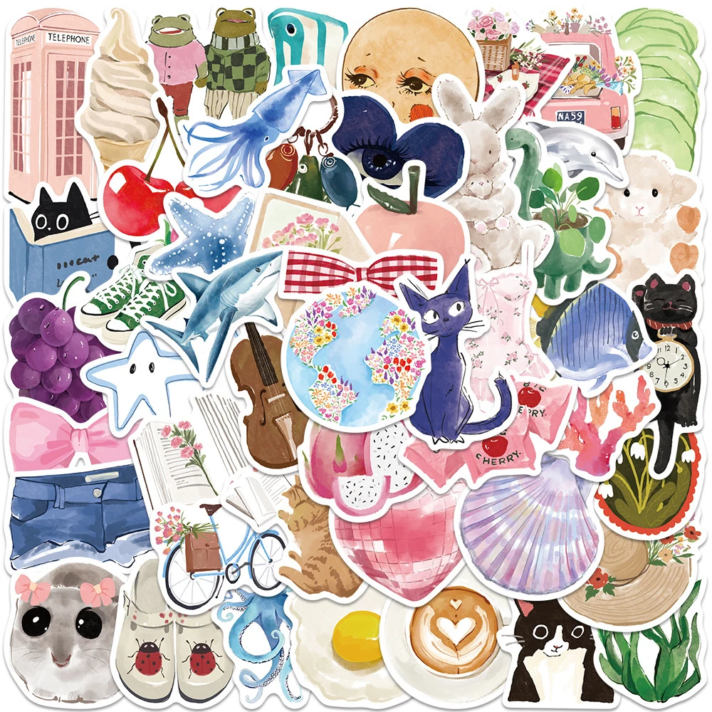 

10/30/50/100pcs Cute Cartoon Watercolor Diary Aesthetics Stickers for Luggage Stationery Laptop Bike INS Graffiti Sticker Packs