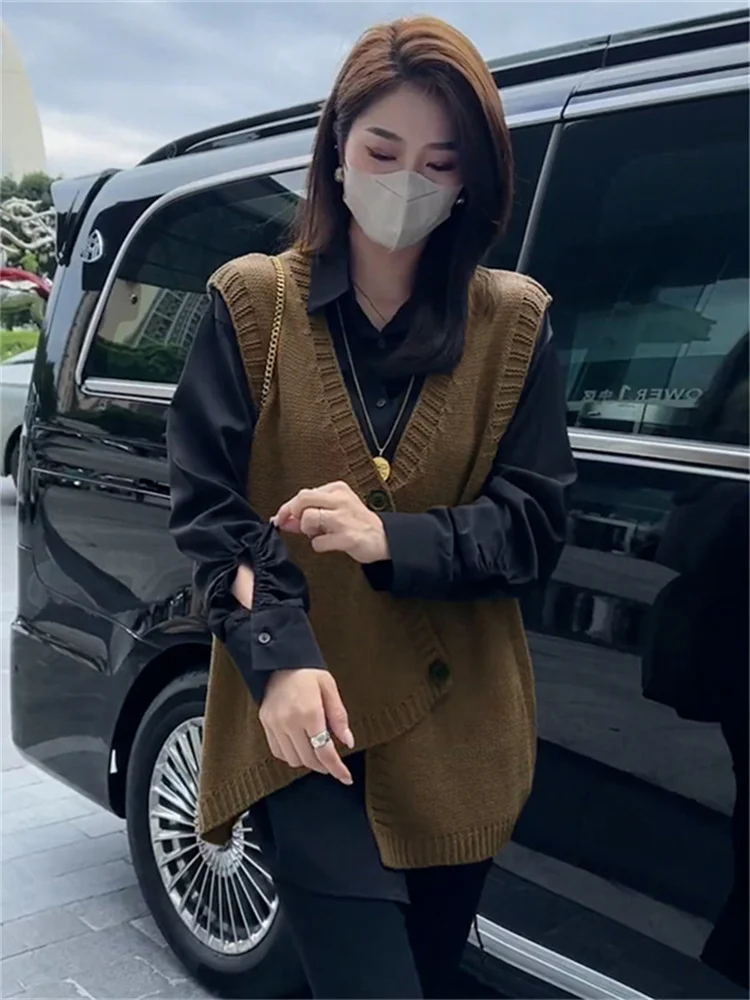 

Уникальный вязаный асимметричный жилет-свитер женский, мода Весна 2026, стандартный крой, длинный, с V-образным вырезом, на пуговицах, цвет с защитой от УФ-излучения...