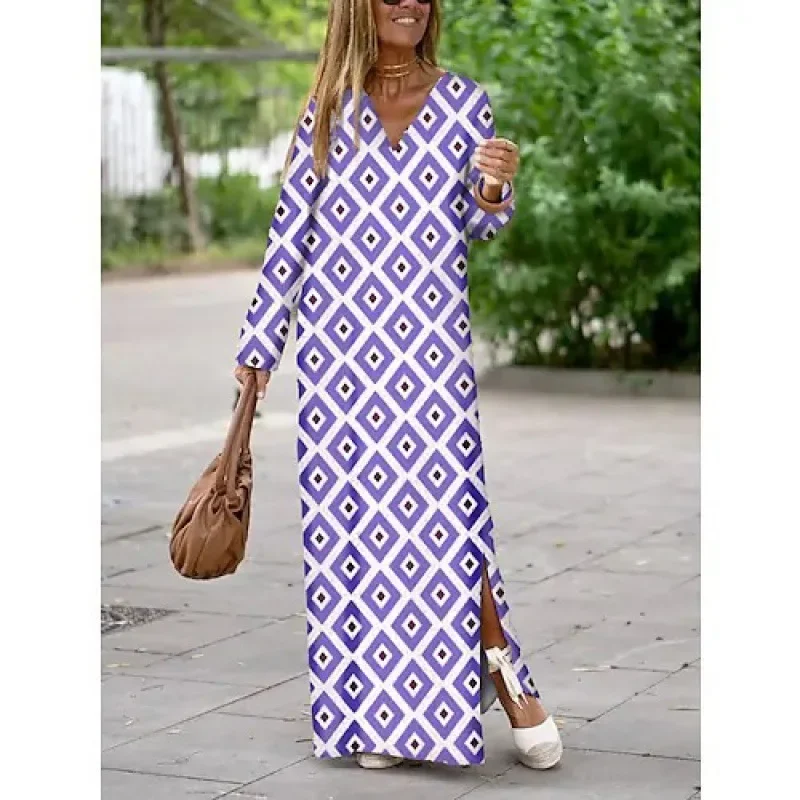 Spring Summer Autumn Printed Long Sleeve V-Neck Dress Women