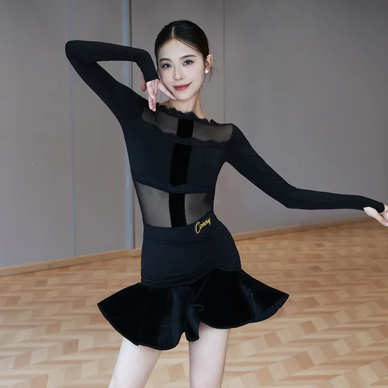 Vêtements de danse latine pour femmes, vêtements d'entraînement, col en dentelle, justaucorps noir, jupe à volants, Costume Cha Cha Rumba, Costume d'entraînement latin 2113