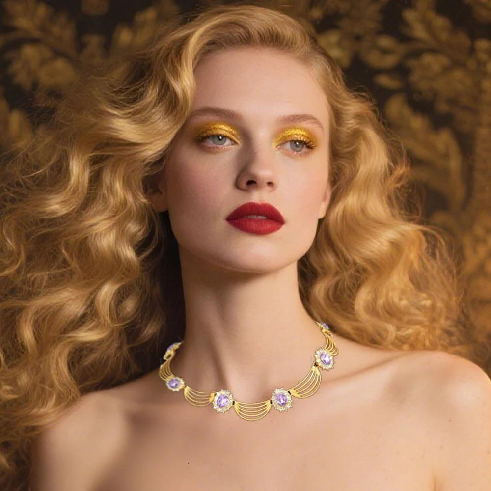 

Elegant Luxury Shiny Crystal Women's Necklace Charm Glossy Rhinestone Gold Alloy Hollow Baroque Female Jewelry Accessory Gift