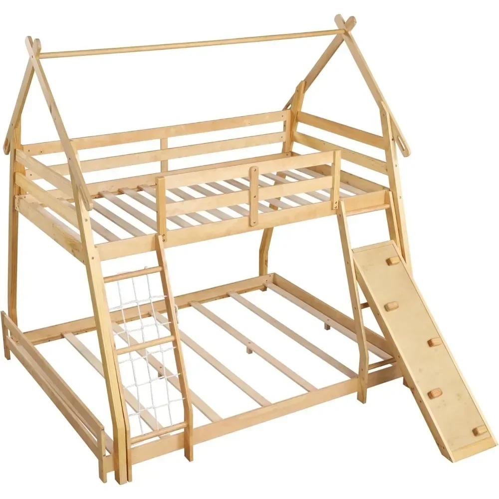 Wood Twin Over Queen House Bunk Bed, Playhouse Floor Low Bunk Bed with Climbing Nets & Ramp,Not Box Spring Required (Natural)