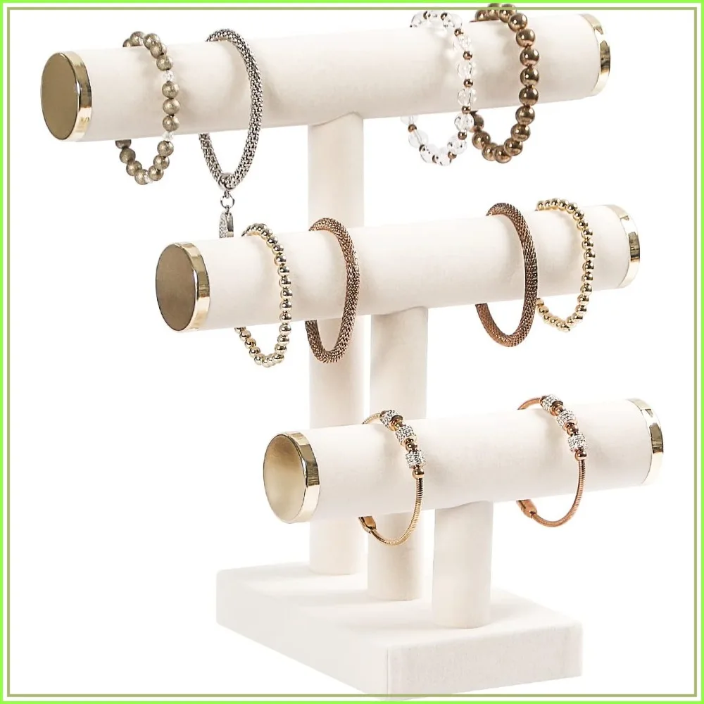 

3 Tier Bracelet Holder, Bracelet Display Stand with Metal Cap, Beige White Velvet Jewelry Organizer for Necklace Scrunchies Watches Hair Ties