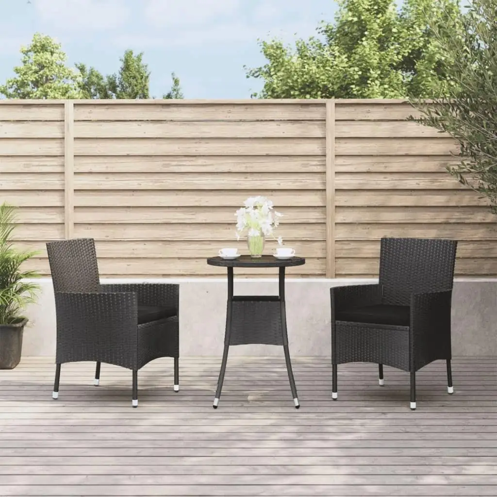 3-Piece Black Poly Rattan Patio Bistro Set with Cushions - Stylish Outdoor Furniture