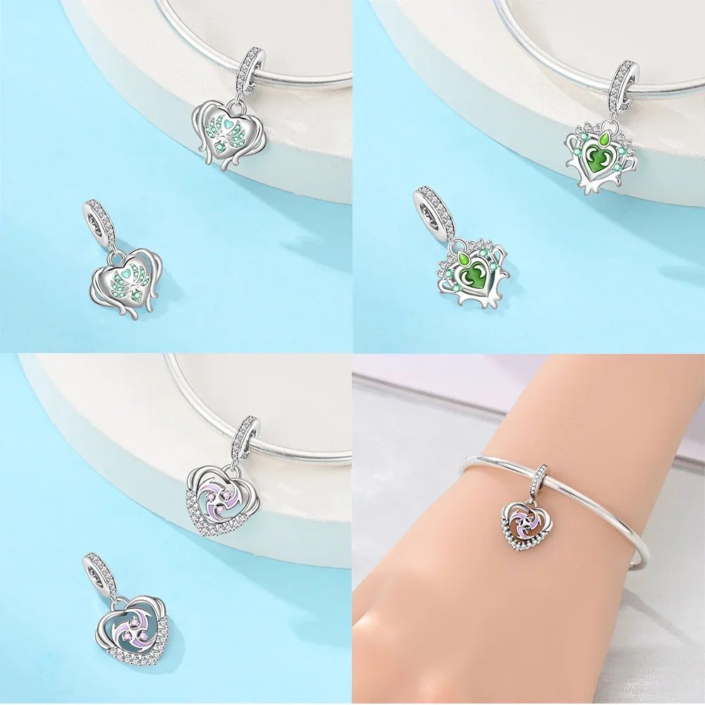 Silver-Plated  Green Gemstone Heart Charm Beads Fit Original Bracelets Bag Keychain Charms Beads Pendant Diy Women Jewelry Gift - view 4