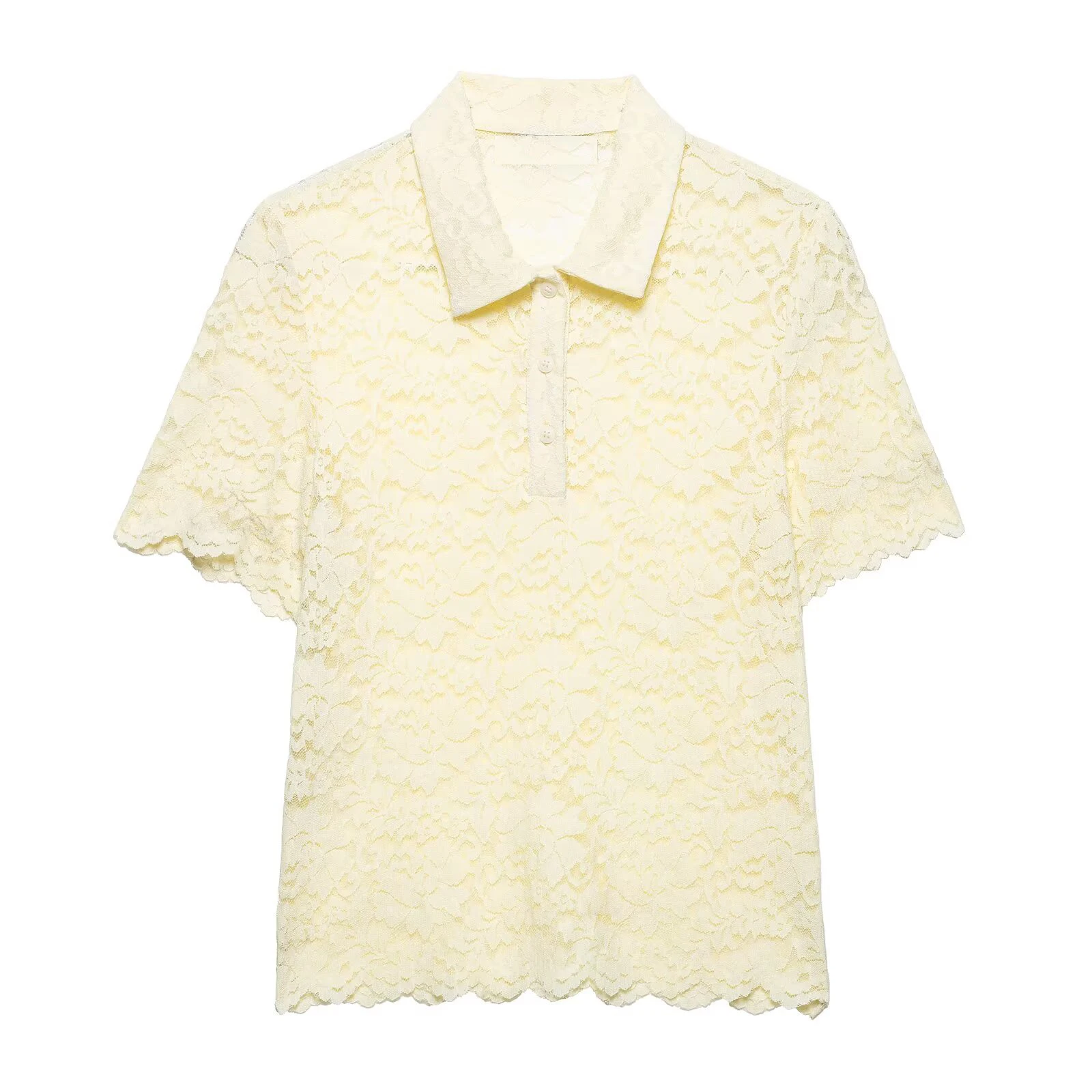 

Yellow Lace Shirt Women Fashion Elegant Casual Button Up Turn-Down Collar Short Sleeve Blouse 2025 New Summer Beach Holiday Top