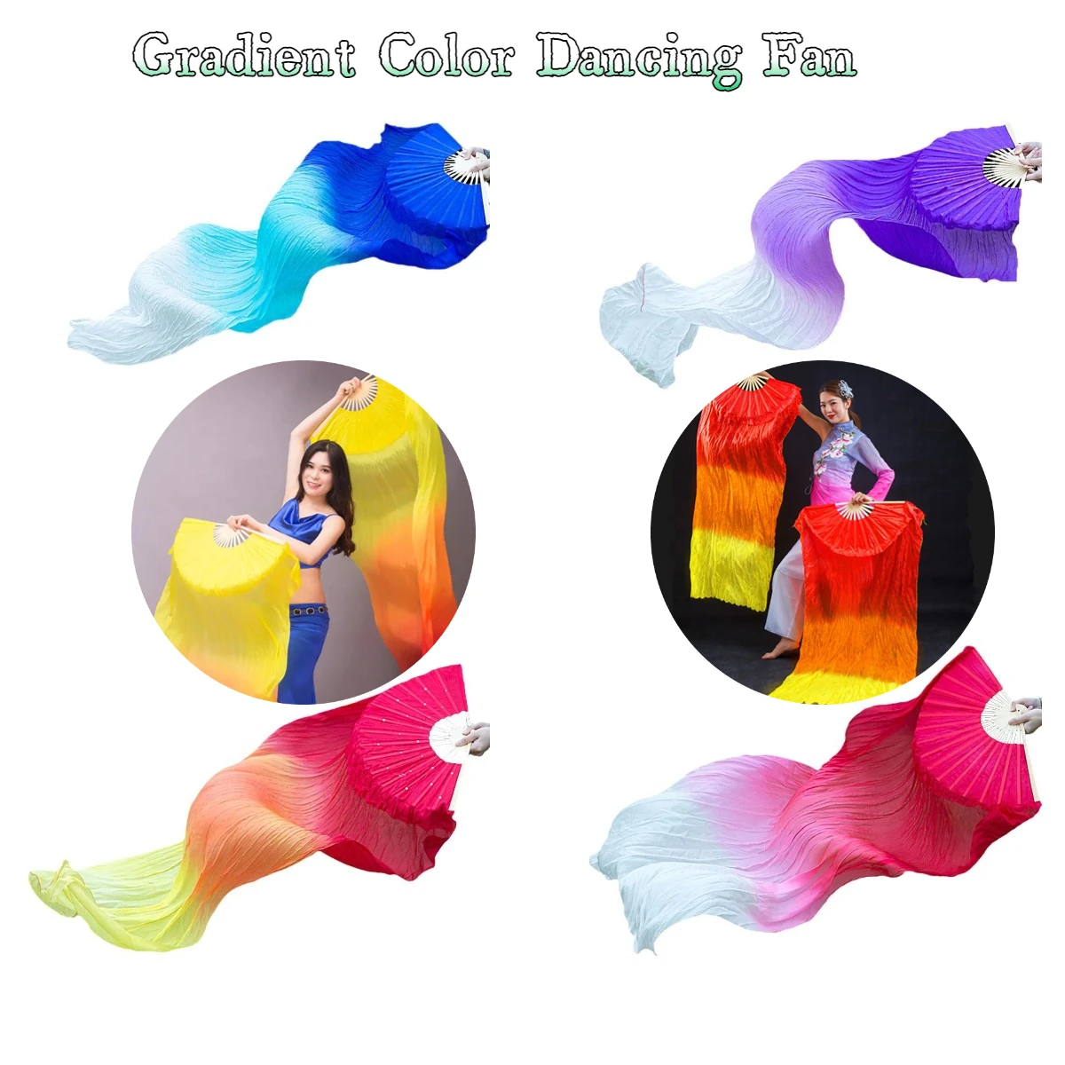 150cm Length Hot Sell Ms.Belly Dancing Fan Gradient Color Dancer Practice Long Imitation Dance Props Silk Fans