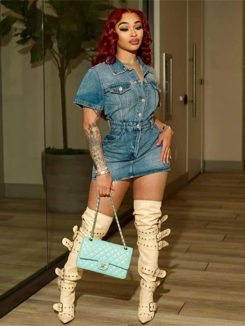 Streetwear Denim Dresses Summer Clothes Women 2025 Turn Down Collar Button Up Bodycon Mini Dress Casual Jeans Dresses Vestidos